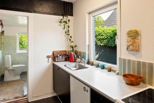 Una pequeña cocina con fregadero y ventana. en 8254-Vordingborg-Masnedovej-34, en Ore