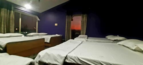 a group of three beds in a room at Varanasi River View Holiday Homestay Dormitory and Hostel in Varanasi