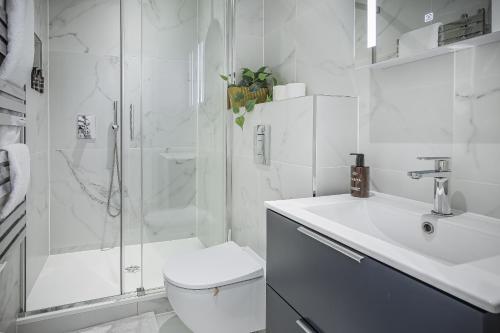 a bathroom with a shower and a toilet and a sink at Bright 1 bedroom apartments near Farnham Castle in Hurley