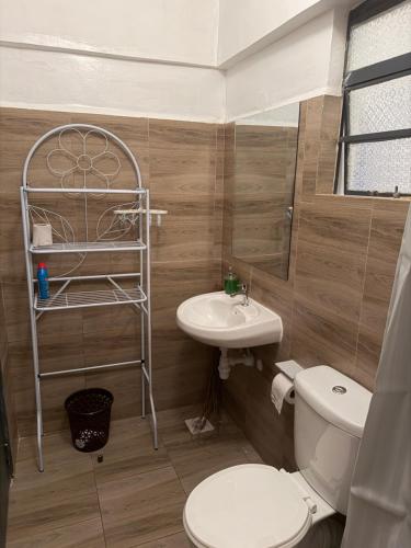 Nzuri Apartment في كيزيمو: حمام مع مرحاض أبيض ومغسلة