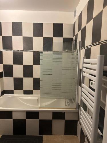 a bathroom with a bath tub with a window at Beau T3 in Aiguebelle