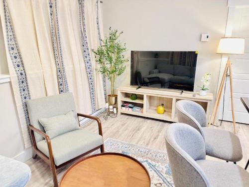 a living room with two chairs and a television at Moon's Suite near the New Hospital in Corner Brook