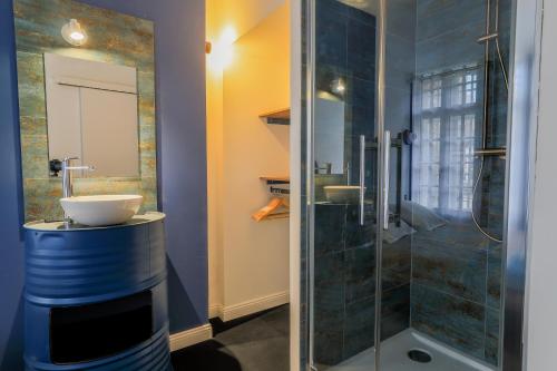 a bathroom with a glass shower and a sink at Duplex coloré 6 personnes Place des Héros - vue Beffroi - Centre ville in Arras