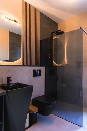 a bathroom with a black toilet and a sink at Twin Vista A-Frame Cabins in Sovata