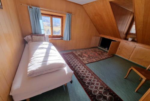 a small room with a bed and a tv at Bright Alpine Duplex with Balcony Views in Münster