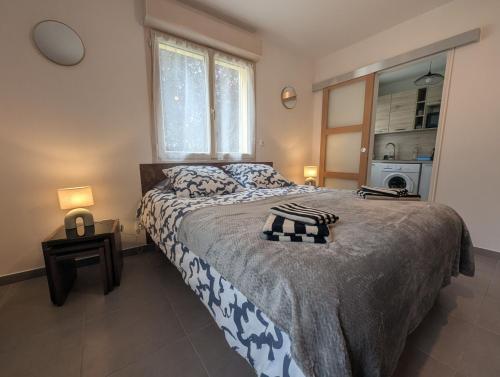 ein Schlafzimmer mit einem großen Bett und einem Fenster in der Unterkunft Le logis du lac in Braucourt