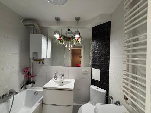 a bathroom with a sink and a toilet and a mirror at Ekskluzywny Apartament Joanna w centrum Bochni in Bochnia