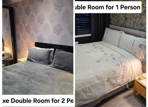a bedroom with a bed with a large white comforter at Luxury on a Budget Chelmsford - B&B ROOM in a quiet family home in Chelmsford