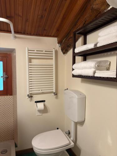 a bathroom with a toilet and a window and towels at al Profilo di Napoleone in San Bartolomeo