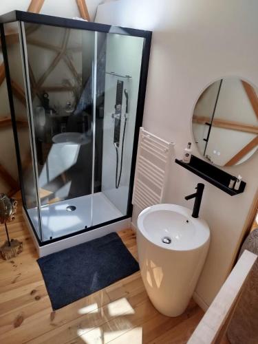 a bathroom with a shower and a toilet and a sink at Domaine des Pins L'île au Dôme in Grundviller