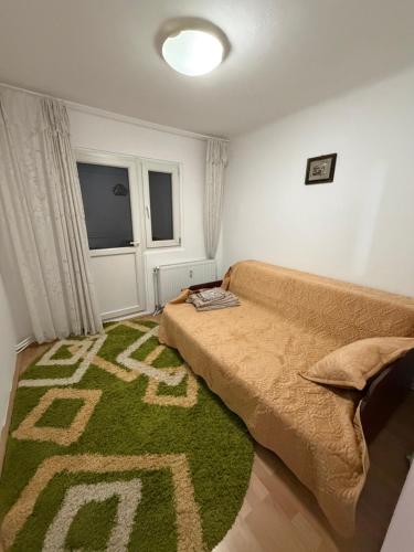 a bedroom with a bed and a green rug at Apartament in Craiova in Craiova