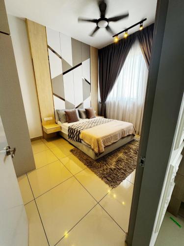 a bedroom with a bed and a ceiling at Palmyra residence New condo in Kajang