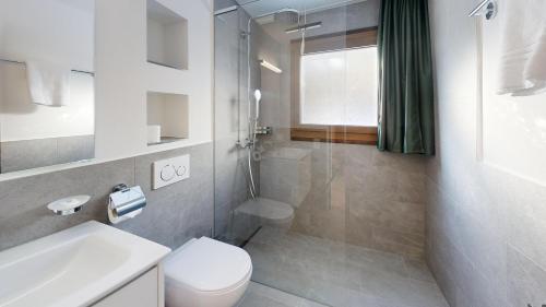 a bathroom with a toilet and a sink and a shower at Apartment Piz Argient in Samedan