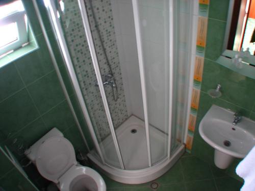 a bathroom with a shower and a toilet and a sink at Bariakov Family Hotel in Bansko