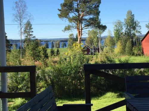 a view from the porch of a house with benches at Villa Insikt Pensionat & Kursgård in Burträsk