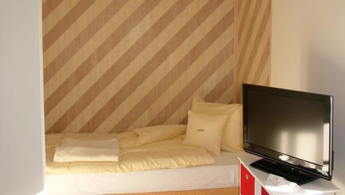 a living room with a couch with a flat screen tv at Villa Andante Apartmenthotel in Kassel