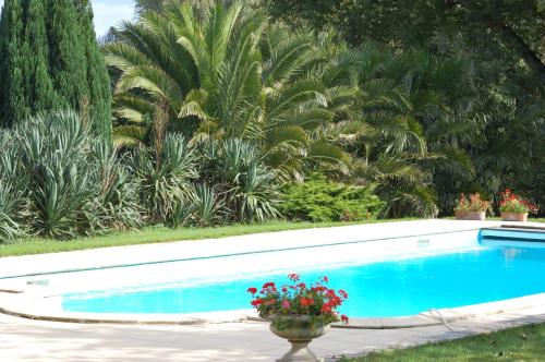 ein Swimmingpool mit einer Vase voller Blumen und Palmen in der Unterkunft Hôtel du Château de Quinéville in Quinéville