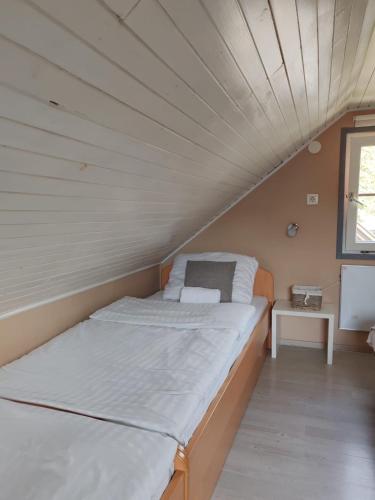 a bed in a small room with a ceiling at EMIA Family House Čatež in Brežice