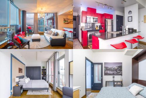 een woonkamer en een keuken met rode kasten bij Modern Beltline Escape Sky-High Views DT Views in Calgary