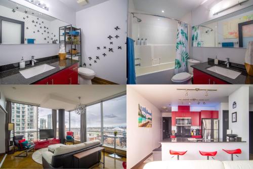 a collage of photos of a bathroom and a living room at Modern Beltline Escape Sky-High Views DT Views in Calgary