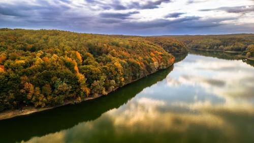een luchtzicht op een rivier in de herfst bij Kuća za odmor Back to Bašić in Mandičevac