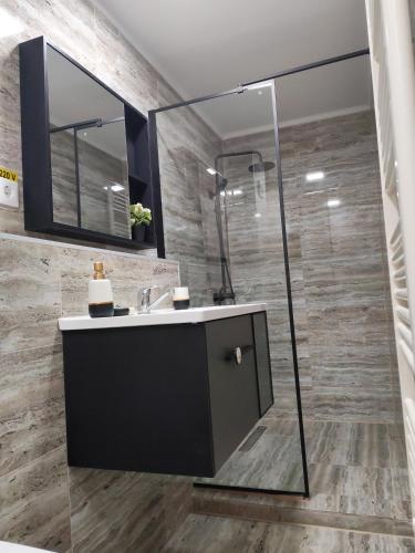 a bathroom with a sink and a shower at Apartment Premium in Topliţa