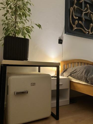 una mesa con una planta al lado de una cama en Lumiēre Studio 1, en Sfântu-Gheorghe