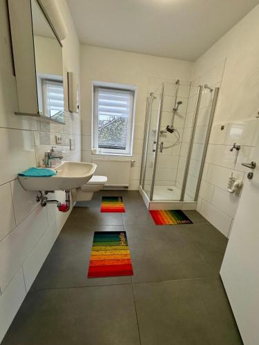 a bathroom with a sink and a shower at Apartment im Grünen in Kroppach