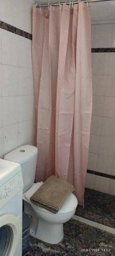 a bathroom with a toilet and a pink shower curtain at Kineta Farmhouse in Kineta