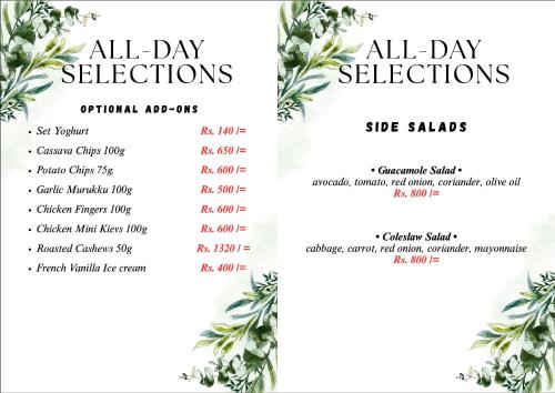a menu for the all day selections at The Heights in Kandy in Kandy