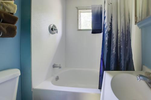 a bathroom with a white tub and a sink at Little Manistee Riverfront Cabin with Fire Pit! in Irons