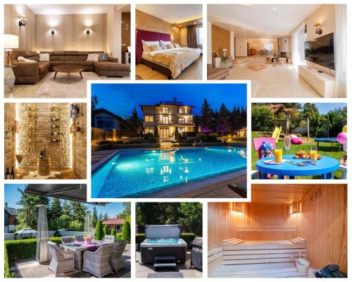 een collage van foto's van een huis en een zwembad bij Villa 1331 in Zheleznitsa