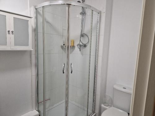 a glass shower in a bathroom with a toilet at Home Sweet Home, Calverley Court Apartment Home in West Midlands, England in Parkside
