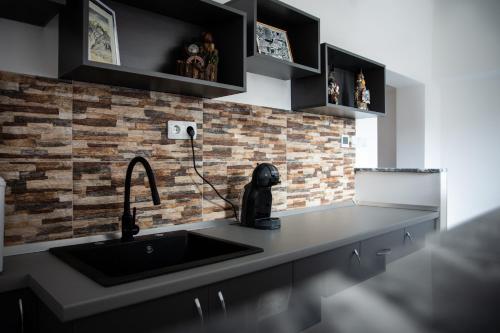 a kitchen with a sink and a brick wall at Dzhorgovata Guesthouse in Govedartsi