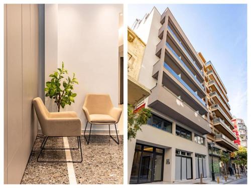 two views of a building and a chair and a building at Ptolemeon 20, Apts & Studios Thessaloniki Center in Thessaloniki