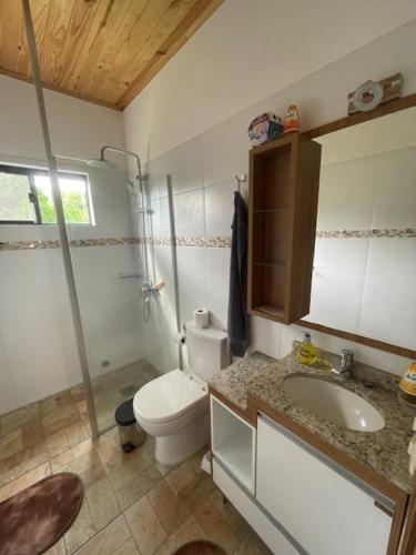 a bathroom with a toilet and a sink at Casa Bella Vista 1 Paraguay in Bella Vista