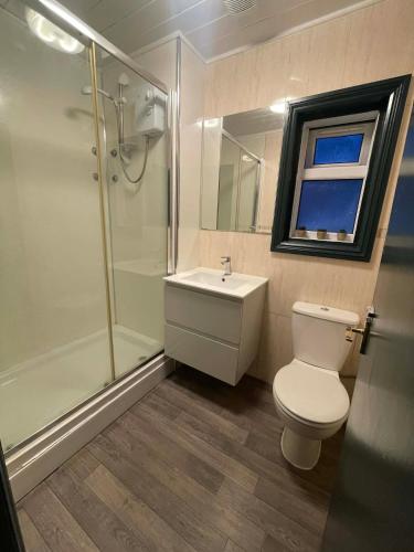 a bathroom with a toilet and a shower and a sink at Allon Manor De'Grey in Hull