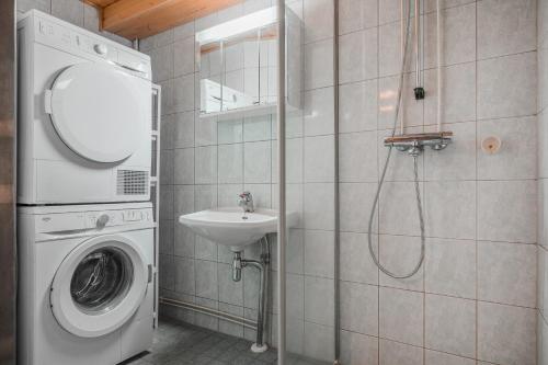 un bagno con lavatrice e lavandino di Villa Kuurupiilo a Kuusamo