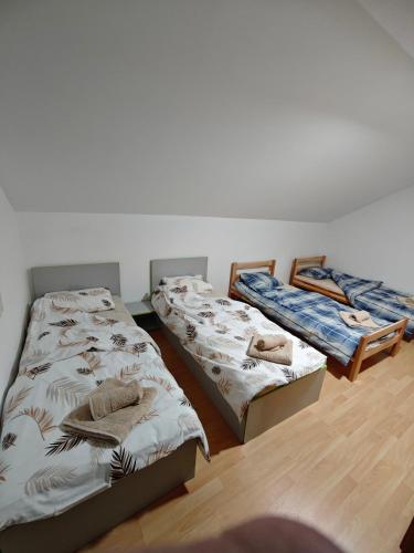 a room with three beds in a room at Čiča 1 in Dobanovci