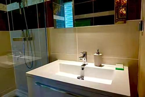 a bathroom with a white sink and a shower at Chez Ti Julio - Appartment Premium in Sainte-Anne