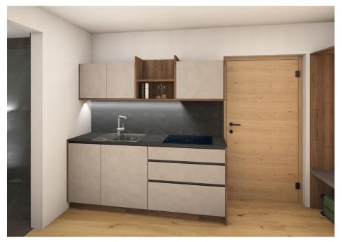 Una cocina con fregadero y puerta de madera. en Historic Residence Barbara, en Colle Isarco