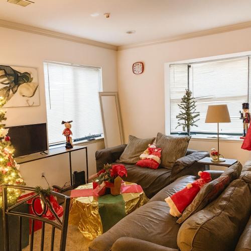 a living room with a couch and a christmas tree at Affordable Central Houston Stay Minutes from Downtown No Smoking in Houston