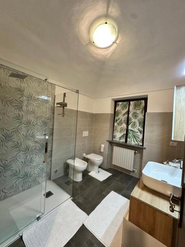 a bathroom with a shower and a toilet and a sink at Verde Speranza Apartment in Crescentino