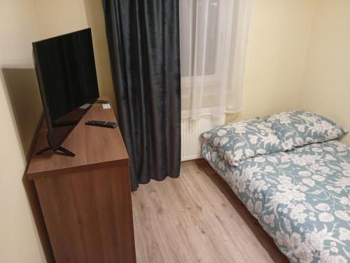 a bedroom with a bed and a television on a dresser at Łąkowa 7 Apartamenty LUNA Białystok in Skorka