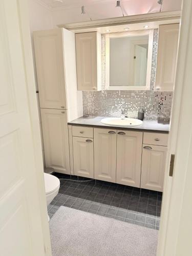 een witte badkamer met een wastafel en een toilet bij Nietos Aurora in Ylitornio