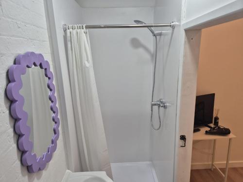 a bathroom with a shower curtain and a toilet at Stokey Six in London