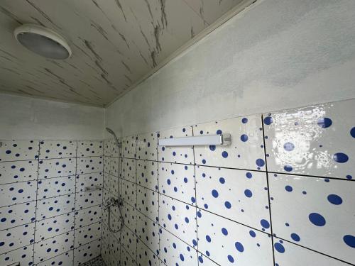 a bathroom with blue and white tiles on the wall at Loft Residence in Douala