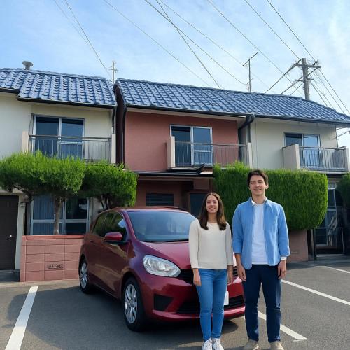 a man and a woman standing in front of a car at さんこ戸建て1号棟 in Takamatsu