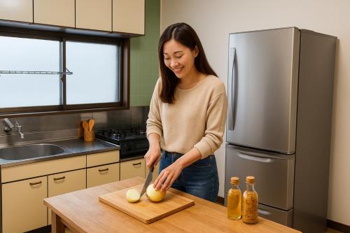 a woman cutting an onion on a cutting board in a kitchen at さんこ戸建て1号棟 in Takamatsu