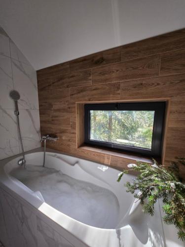 a bath tub in a bathroom with a window at Villa Jelterra in Uskoci